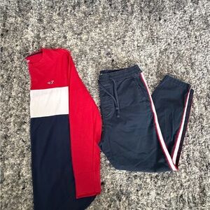 Red and Navy Colorblock Sweatshirt and Joggers Drawstring Hollister Set